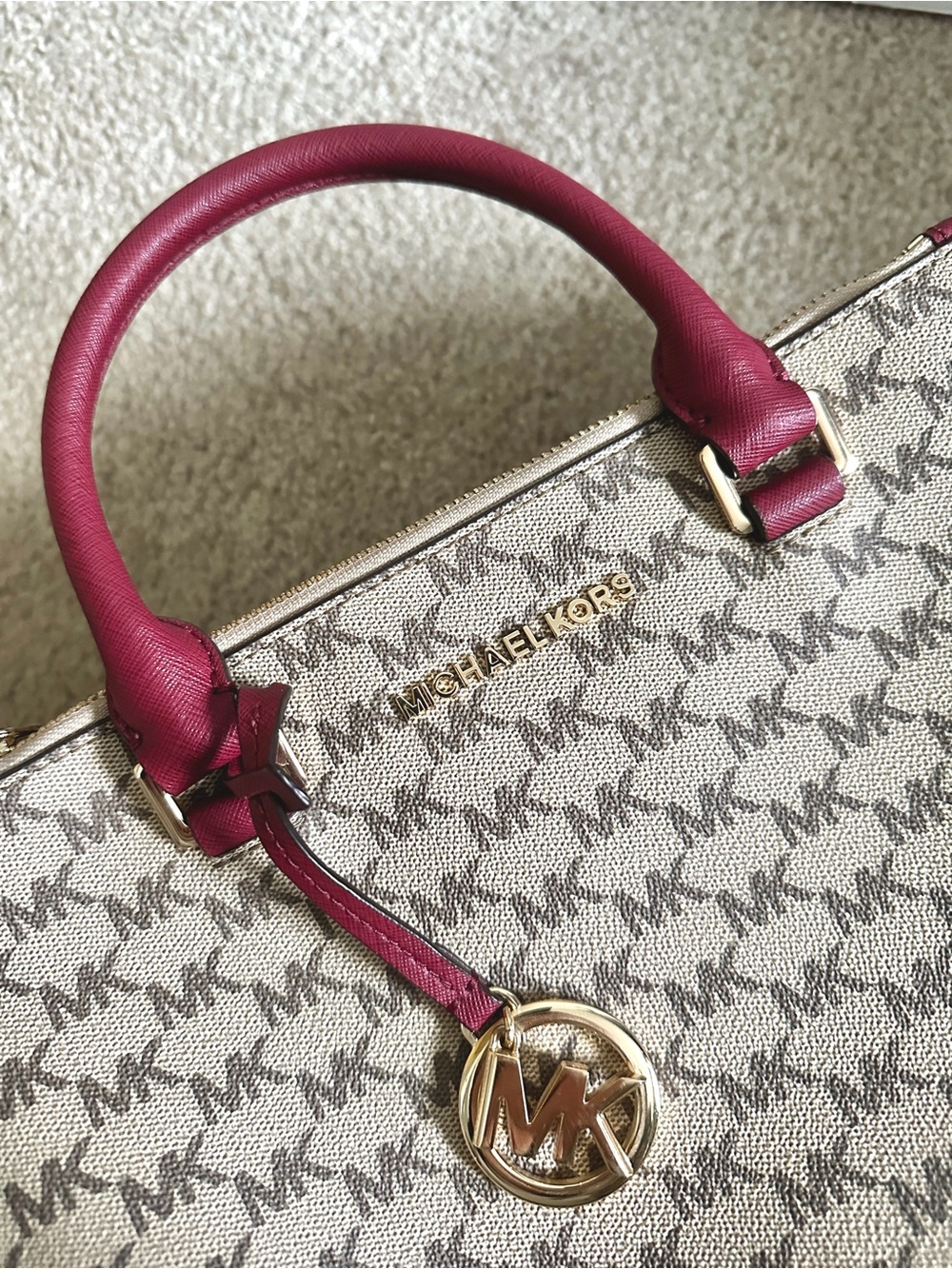 Michael Kors Beige MK Signature Tote with Red Trim and Handles
